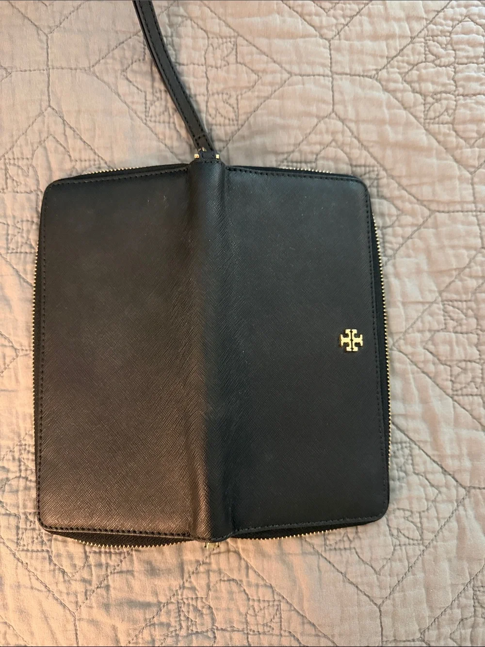 Tory Burch Black Leather Zip Wristlet with Gold Logo